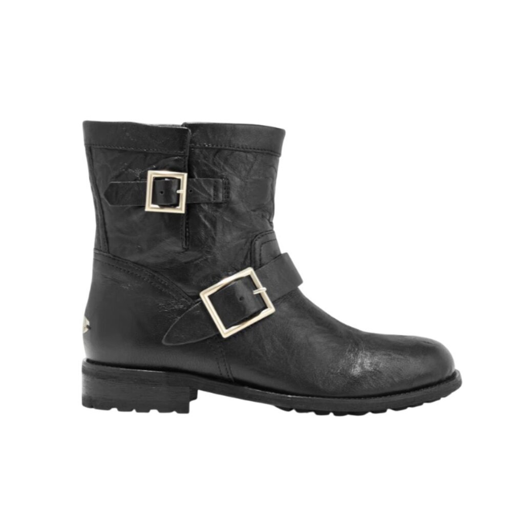 Jimmy Choo Ankle Moto Combat Boots Womens 40.5 Black Leather Dual Buckle Crinkle